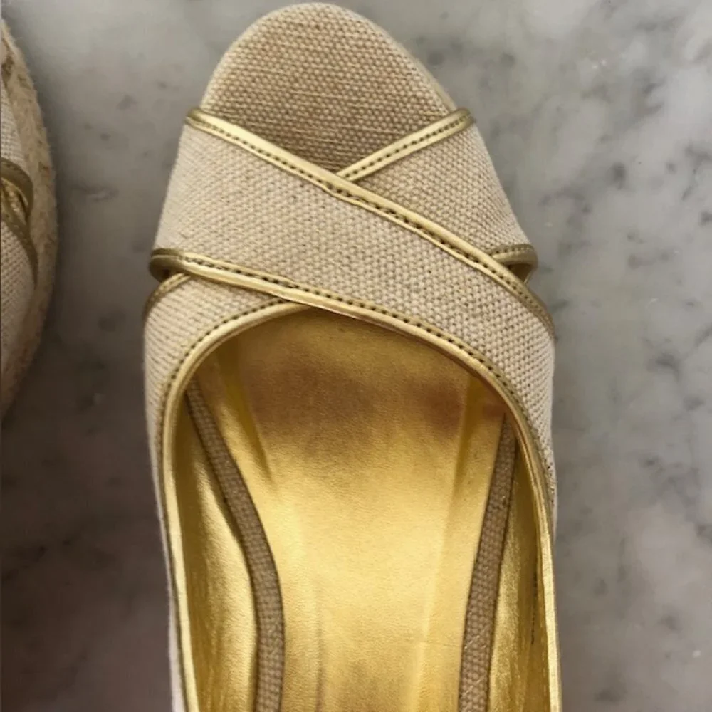 TALBOTS Linen Gold Cross Toe Jute Slingback Wedge Sandals 9 1/2M